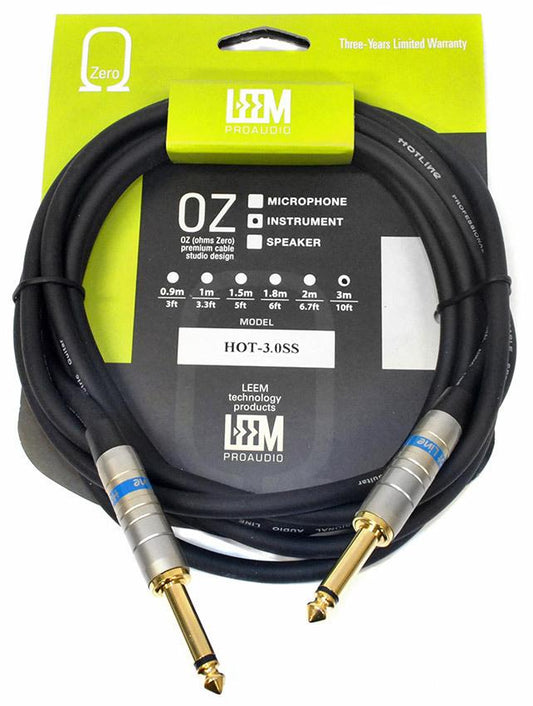 Leem 10ft Instrument Cable with 1/4" Straight Plugs and Gold Plated Connectors