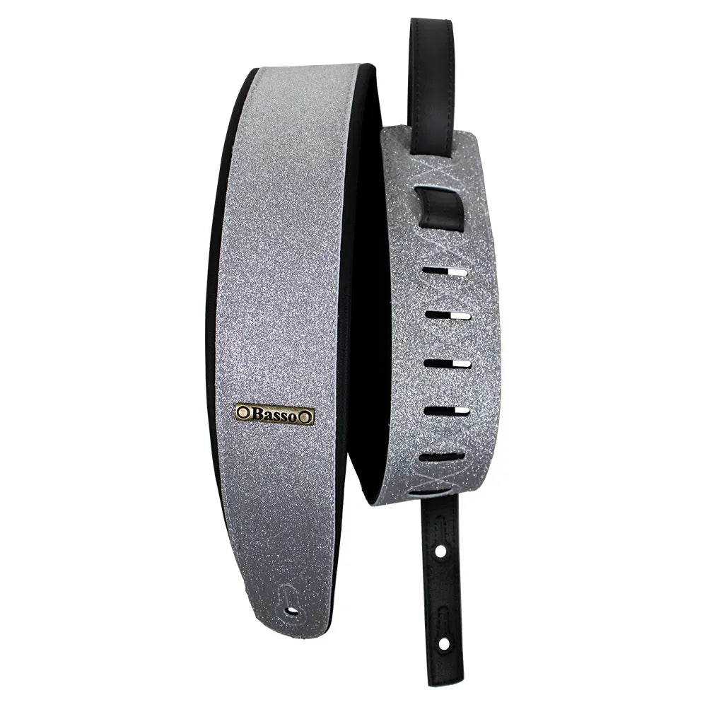 Basso Glitter Classic Stage Series Silver Guitar Strap CLA46, Adjustable 92-145cm, 7cm Wide, Recyclable Synthetic Material