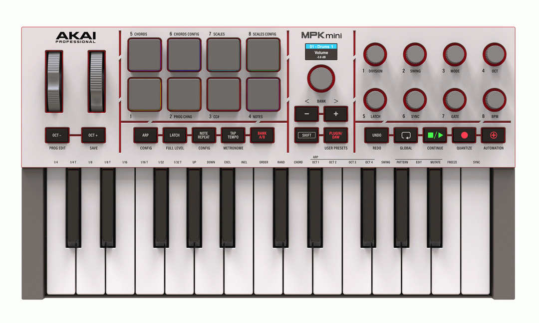 Akai Pro MPK Mini IV Portable USB MIDI Keyboard Controller with RGB Pads and Software Collection - White