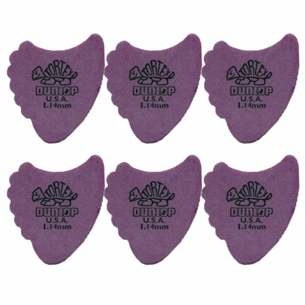 6 x Jim Dunlop Tortex Fins 1.14mm Purple Guitar Picks 414R Free Shipping