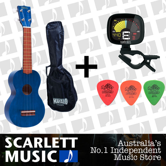 MAHALO Wooden Soprano Ukulele Transparent Blue & Bag Kahiko Series MK1-TBU