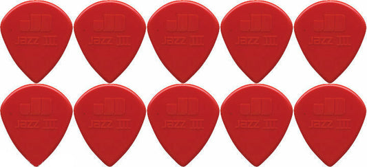 10 x Dunlop Nylon Jazz 3 Red Guitar Picks Sharp Tip Jazz III Free Post