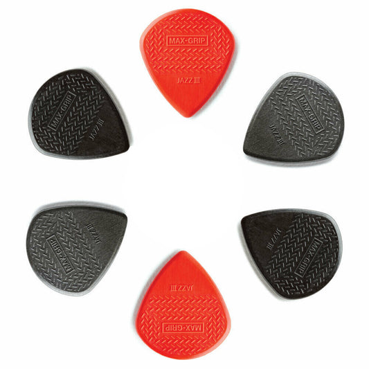 6 x Jim Dunlop Max Grip Jazz 3 Variety Gauge Guitar Picks Jazz III