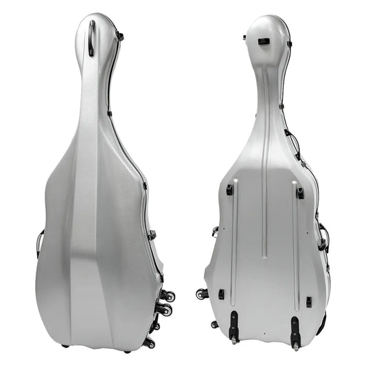 HQ Polycarbonate Double Bass Case Brushed Silver 3/4 - Lightweight, 14.5kg, 6 Wheels, High Quality Padding, Movable Velcro Pads, Internal Bow Holders