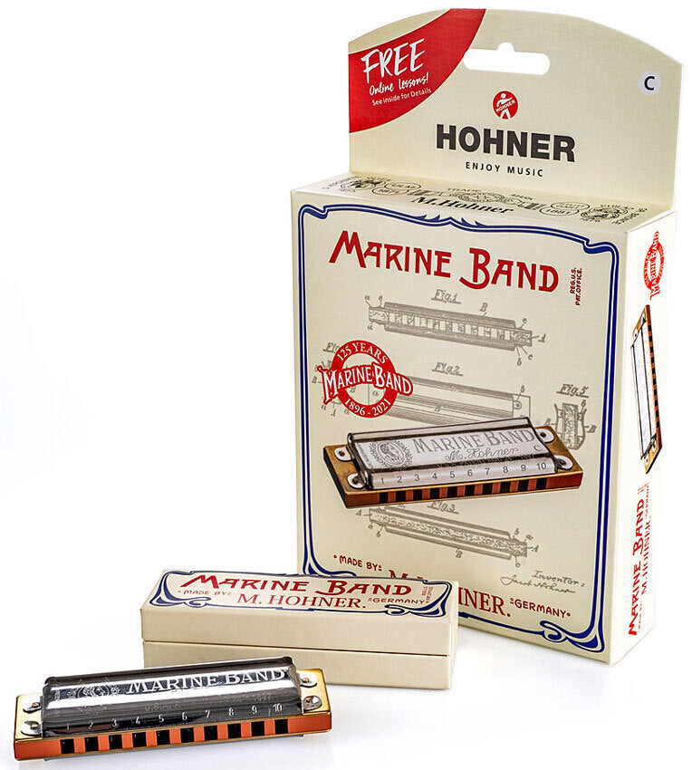 Hohner Marine Band 125th Anniversary Edition Harmonica Key of C, Diatonic, 10 Holes, Pearwood Comb, Vintage Box