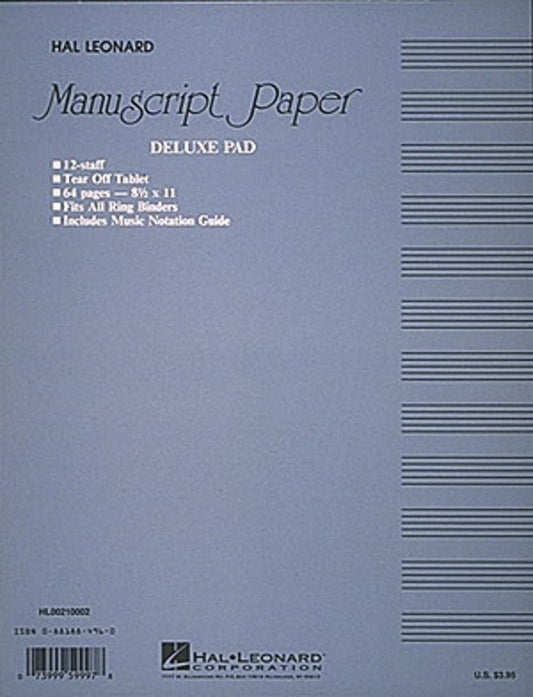 Manuscript Paper Blue Pad 32 Sheets 12 Staves 8.5 x 11 Punched for Binders