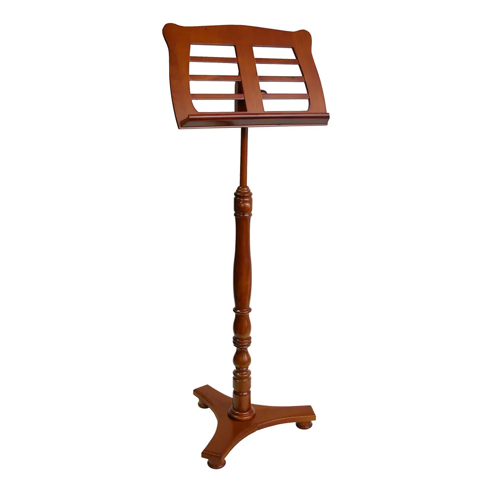 Wooden Music Stand with Low Base Horizontal Slats - Height Adjustable 85-125cm, Angle Adjustable Top, Solid Design, Walnut