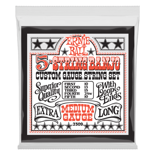 Ernie Ball Medium 5-String Loop End Stainless Steel Banjo Guitar Strings, 10-10 Gauge