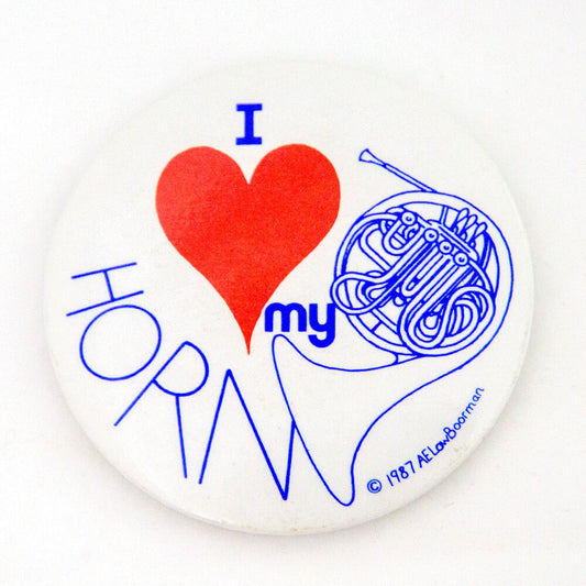 I Love My French Horn Badge 55mm Ø - White Circular with Blue and Red Printing, Made in England