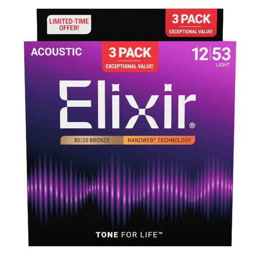 Elixir 16539 Acoustic Nano Light Guitar Strings 3 Pack 12-53 Gauge