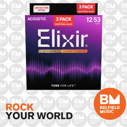 Elixir 16539 Acoustic Nano Light Guitar Strings 3 Pack 12-53 Gauge — view 4