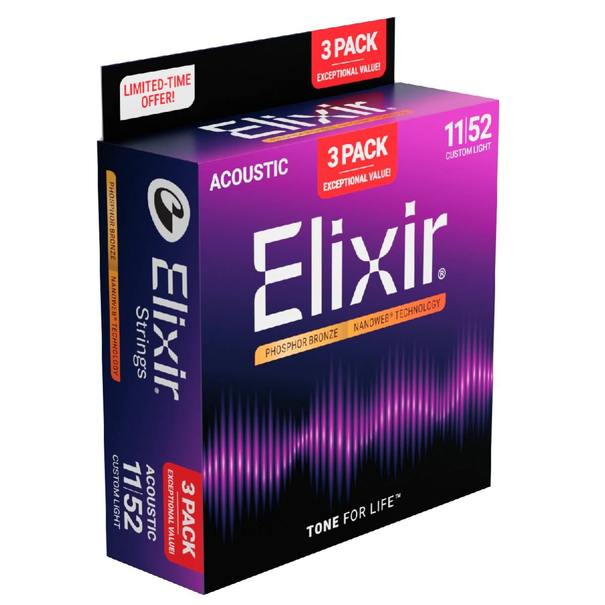 Elixir 16544 Acoustic Phosphor Bronze Custom Light Guitar Strings 3 Pack 11-5 — view 3