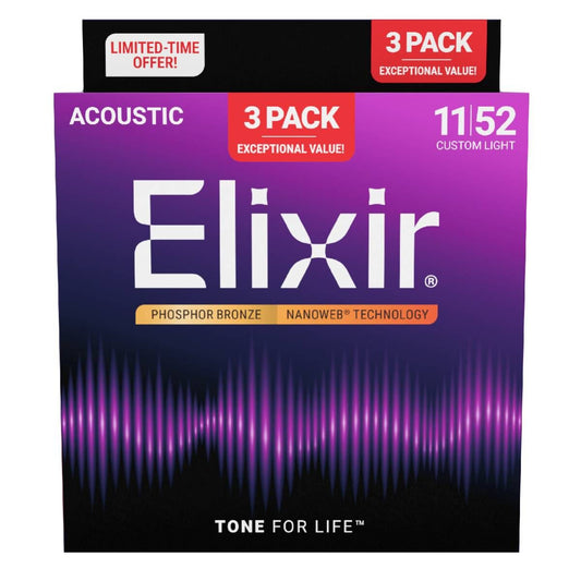 Elixir 16544 Acoustic Phosphor Bronze Custom Light Guitar Strings 3 Pack 11-5