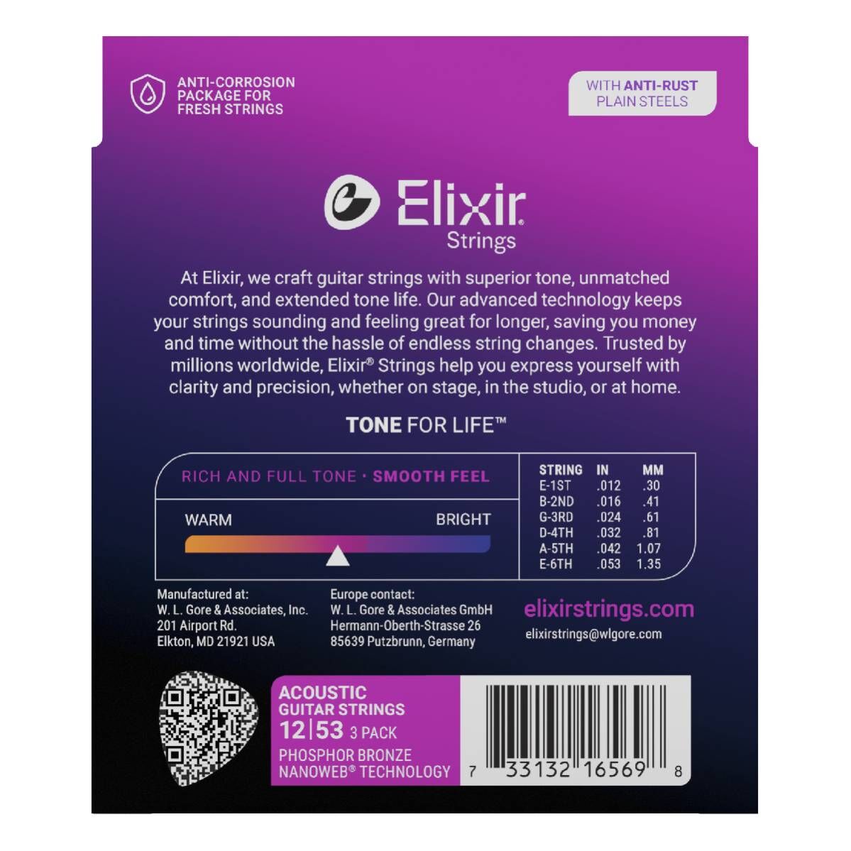 Elixir 16545 Acoustic Phosphor Bronze Light Guitar Strings 3 Pack 12-53 — view 2
