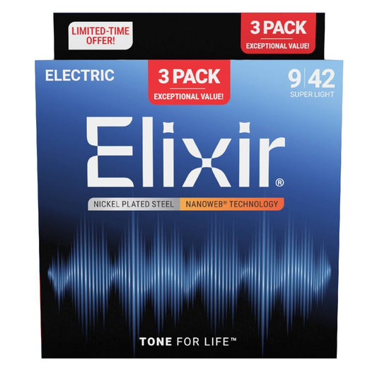 Elixir 16566 Electric Guitar Strings Nanoweb Coated 3 Pack - Super Light 9-42