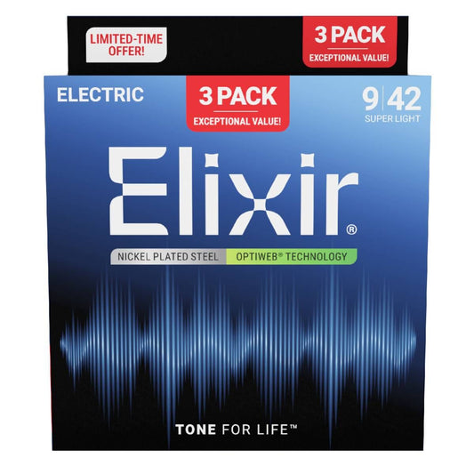 Elixir 16550 Electric Optiweb Coated Nickel Plated Steel Guitar Strings 3 Pack Super Light 9-42