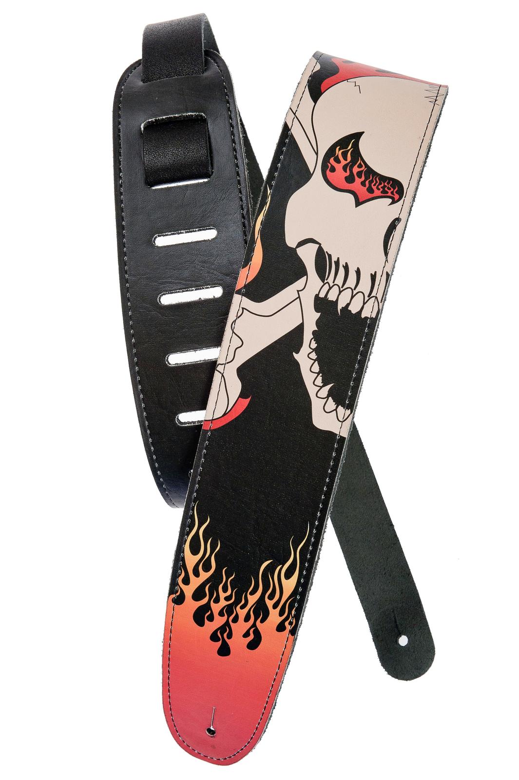Planet Waves Hot Rod Collection Leather Guitar Strap, Flaming Skull