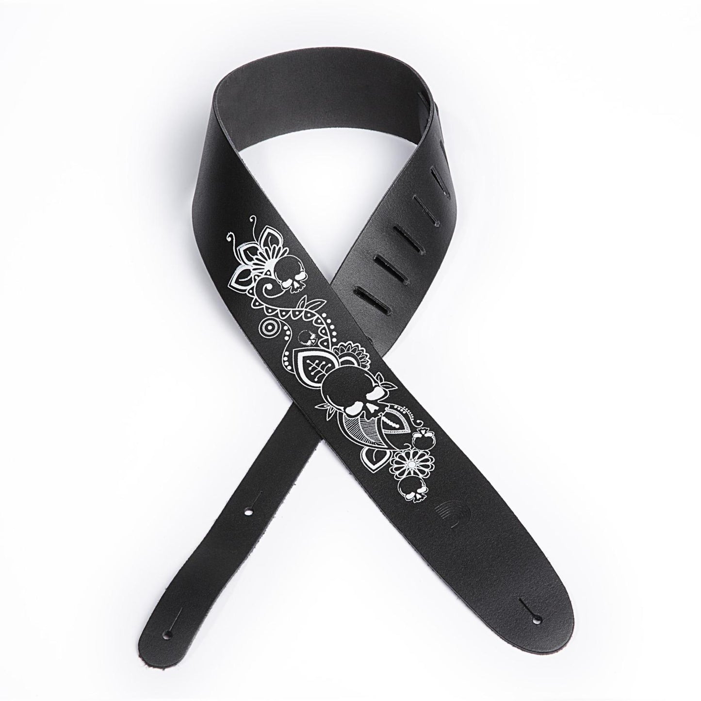 D'Addario 2.5 Inch Leather Screen Printed Skull & Flower Guitar Strap