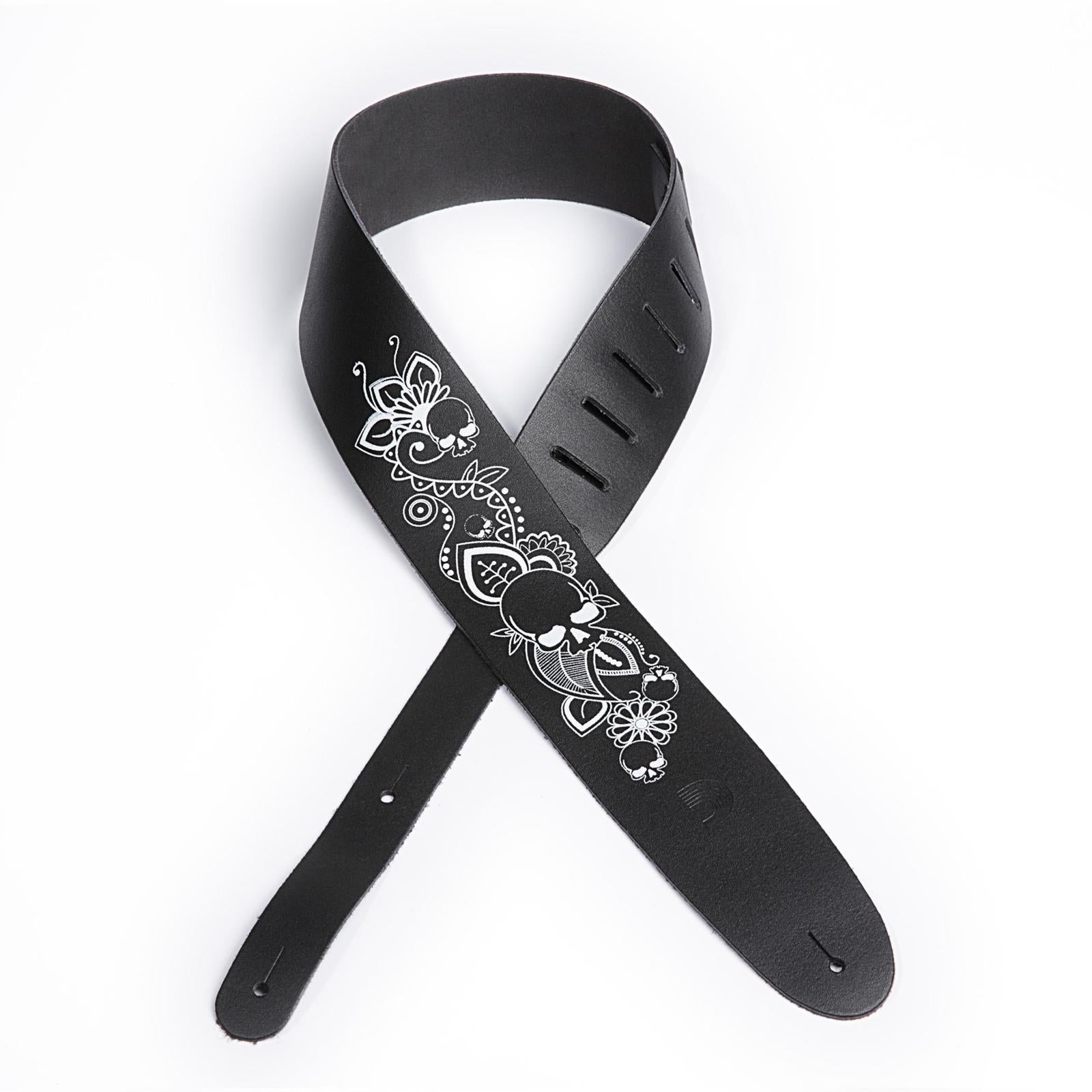 D'Addario 2.5 Inch Leather Screen Printed Skull & Flower Guitar Strap