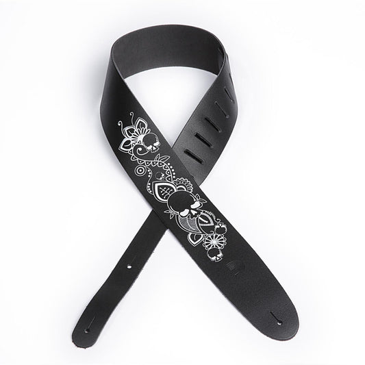 D'Addario 2.5 Inch Leather Screen Printed Skull & Flower Guitar Strap