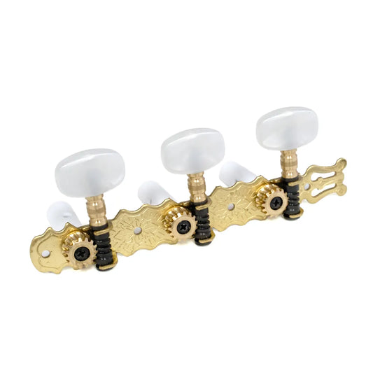 Van Gent 3/3 Classical Machine Heads on Lyre Plate - Brass with Pearl Buttons and Bone Rollers, 35mm Spacing, Made in Netherlands