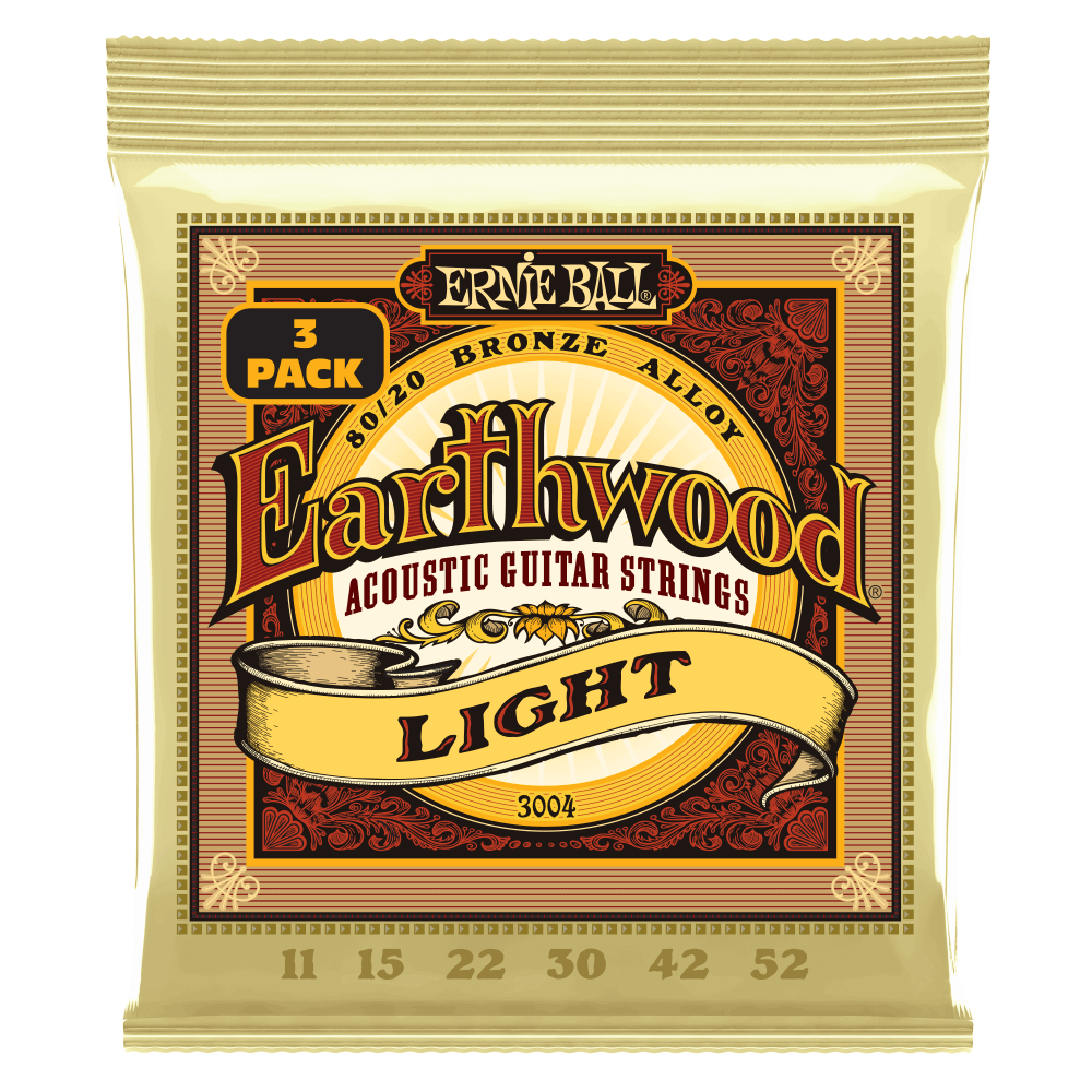 Ernie Ball Earthwood Light 80-20 Bronze Acoustic Guitar Strings 3-Pack, 11-52 Gauge