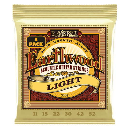 Ernie Ball Earthwood Light 80-20 Bronze Acoustic Guitar Strings 3-Pack, 11-52 Gauge