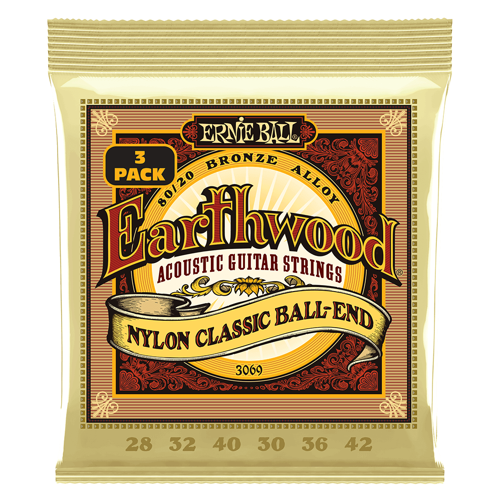 Ernie Ball Earthwood Folk Nylon, Clear and Gold w/Ball End, 80/20 Bronze Acoustic Guitar Strings 3-Pack 28-42