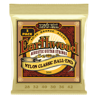 Ernie Ball Earthwood Folk Nylon, Clear and Gold w/Ball End, 80/20 Bronze Acoustic Guitar Strings 3-Pack 28-42