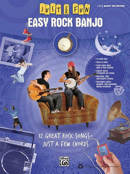 Just for Fun Easy Rock Banjo Book by Hal Leonard, 56 Pages, Simple Arrangements for Banjo with Guitar Parts, Includes Popular Songs