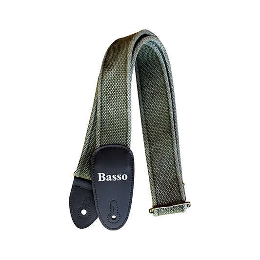 Basso Cotton Guitar Strap - Olive EX02, Adjustable 100-155cm, 5cm Wide, Reinforced Double Synthetic Ends