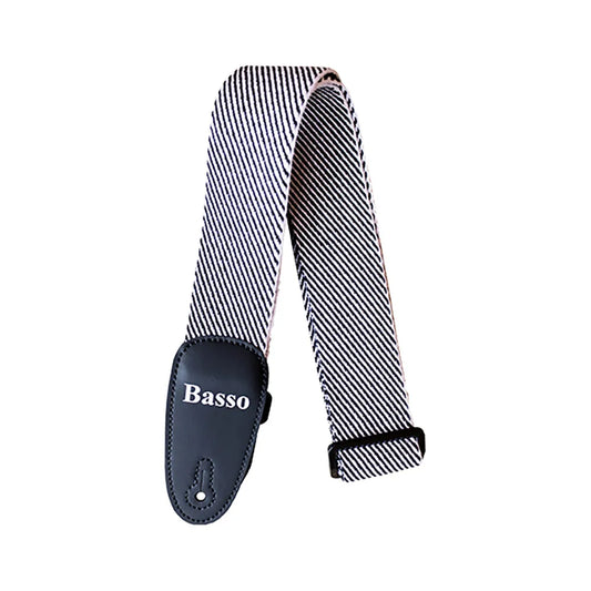 Basso Cotton Tweed Guitar Strap - Black & White, Adjustable 33" to 59", 2" Wide, Reinforced Ends, Made in Brazil