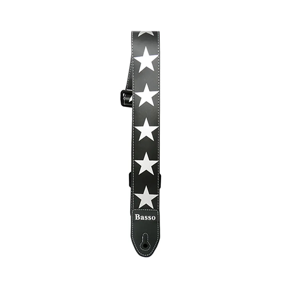 Basso Synthetic Stars Guitar Strap - Adjustable 110-150cm, 5cm Wide, Black with Silk Screened Printing, Durable Double Ends