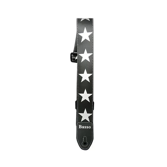 Basso Synthetic Stars Guitar Strap - Adjustable 110-150cm, 5cm Wide, Black with Silk Screened Printing, Durable Double Ends