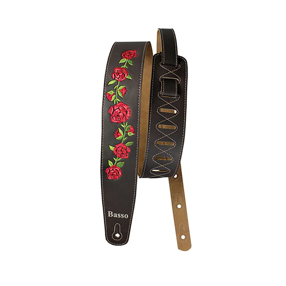 Basso Synthetic Brown Floral Embroidered Guitar Strap VTFL02