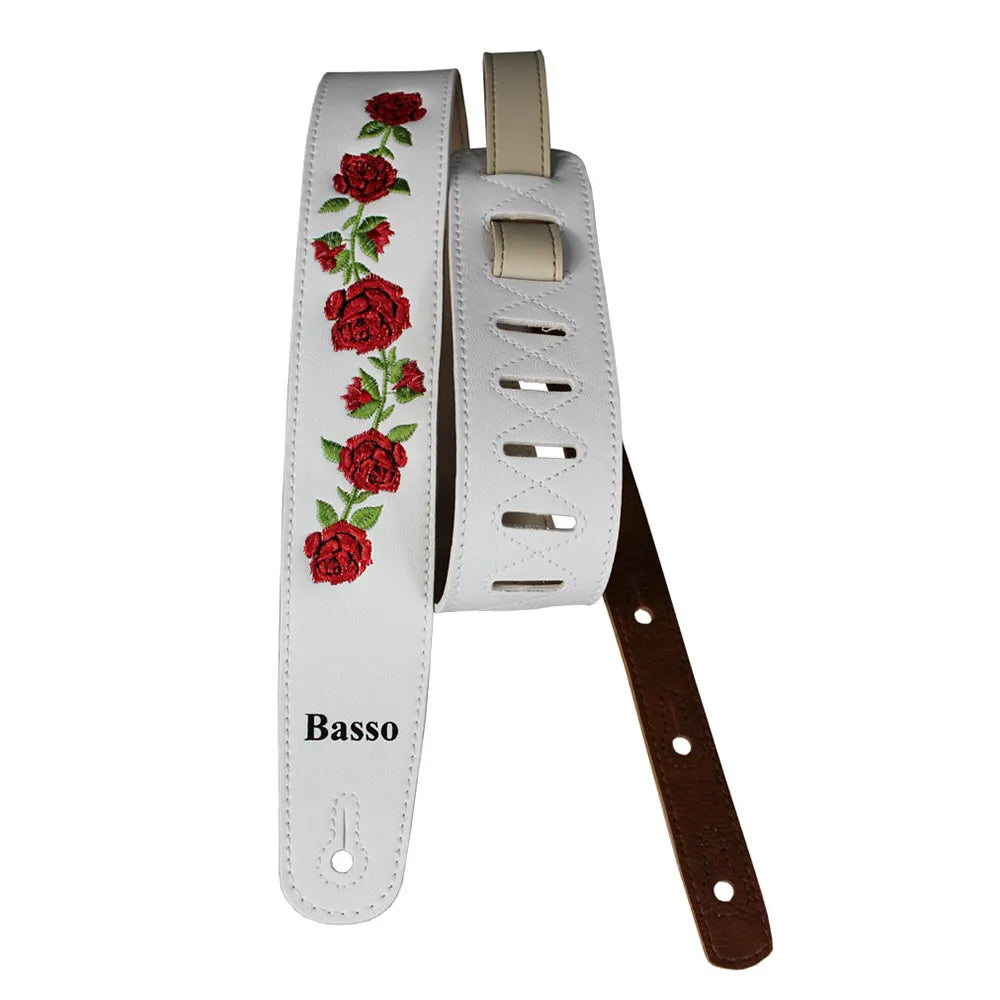 Basso Synthetic White Floral Embroidered Guitar Strap VTFL04
