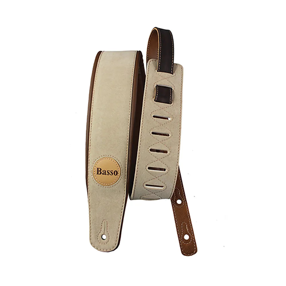 Basso Guitar Strap - Synthetic Suede Beige CLA01, 1.00-1.45m Adjustable Length, 7.5cm Width, Foam Padding, Sweat Resistant, Reinforced Tips