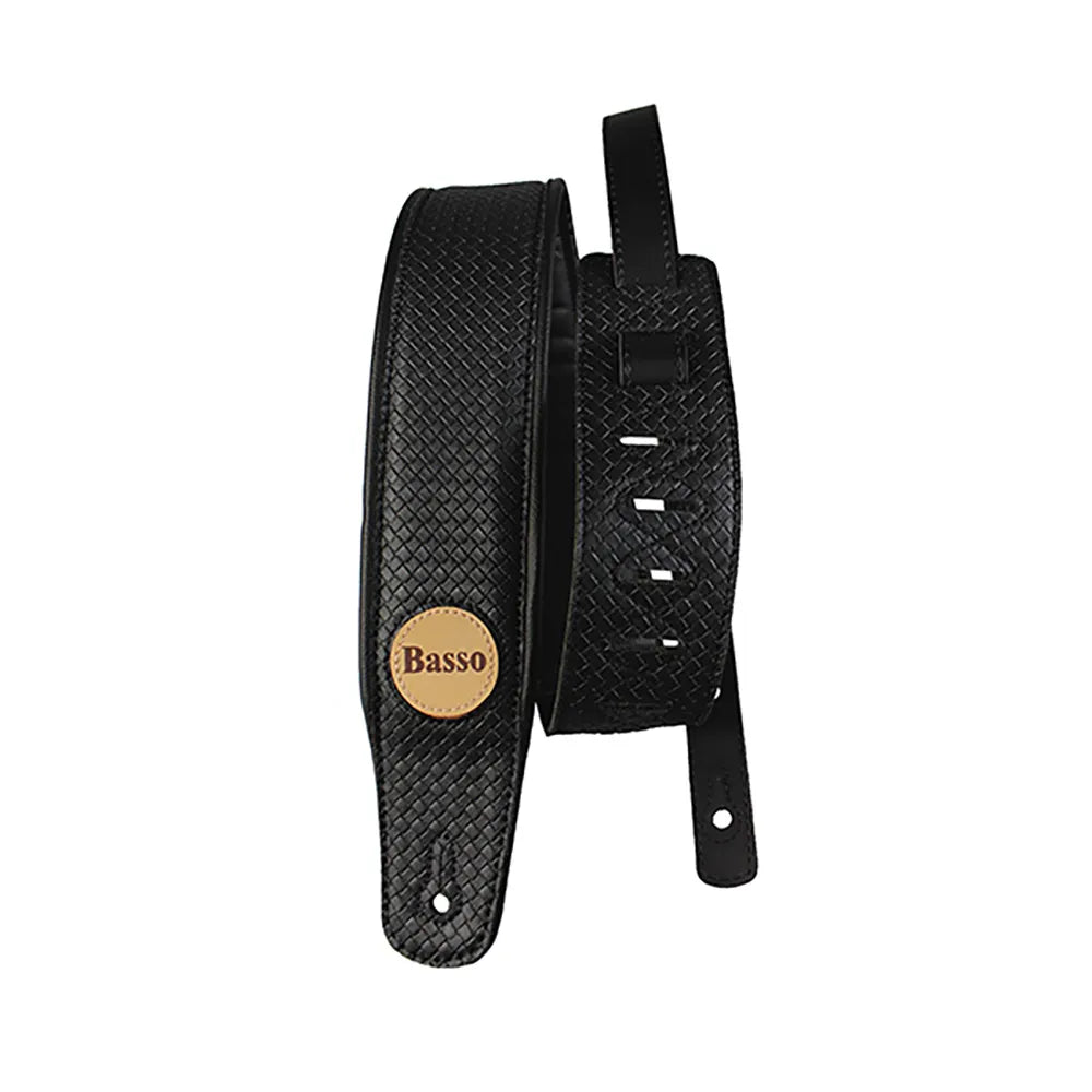 Basso Guitar Strap – Synthetic Braided Black CLA15, 7.5cm wide, adjustable length 1.00-1.45m, sweat-resistant, reinforced tips