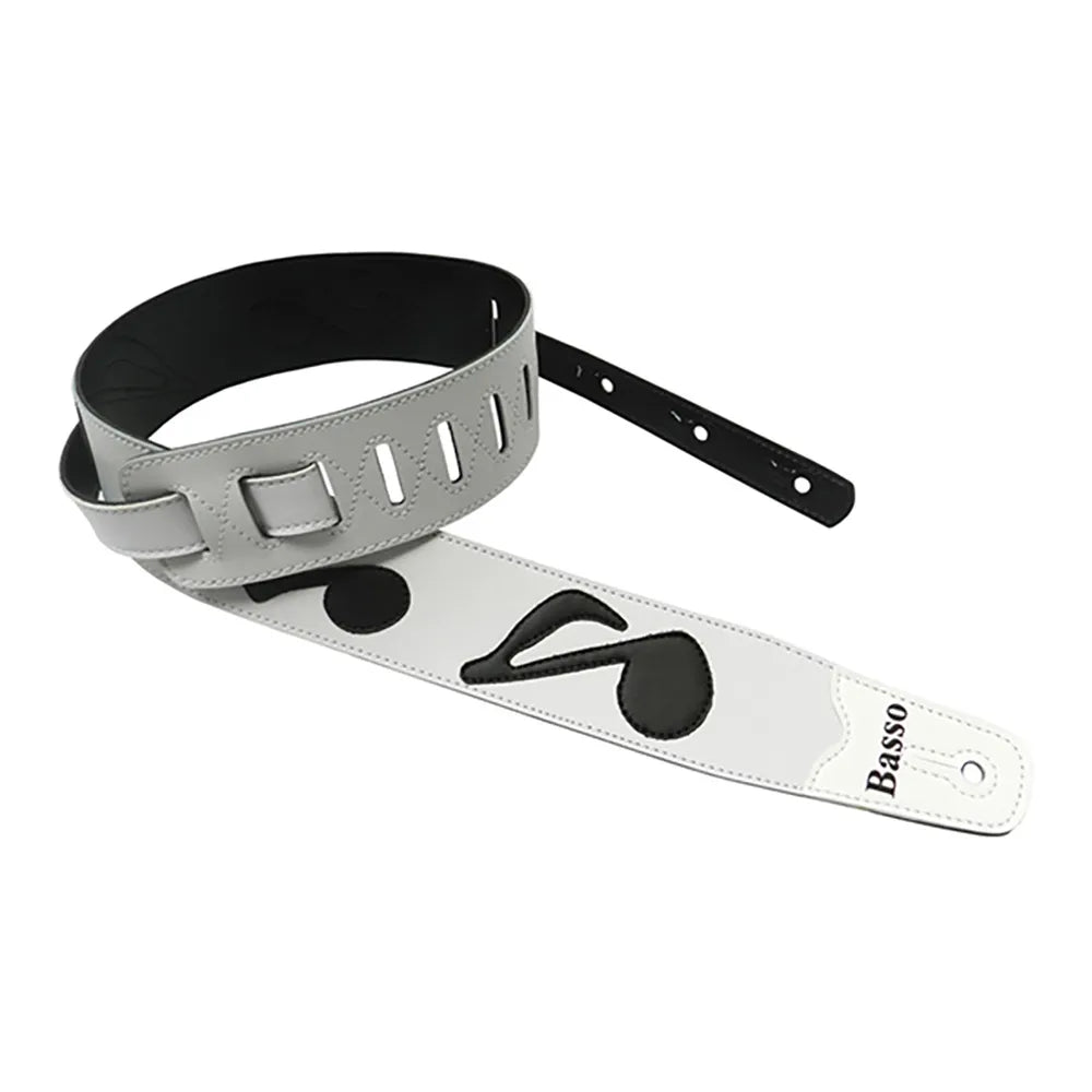 Basso Synthetic Guitar Strap with Stitched Musical Notes, White, SRV-WHT, Adjustable 100-150cm Length, 6cm Width