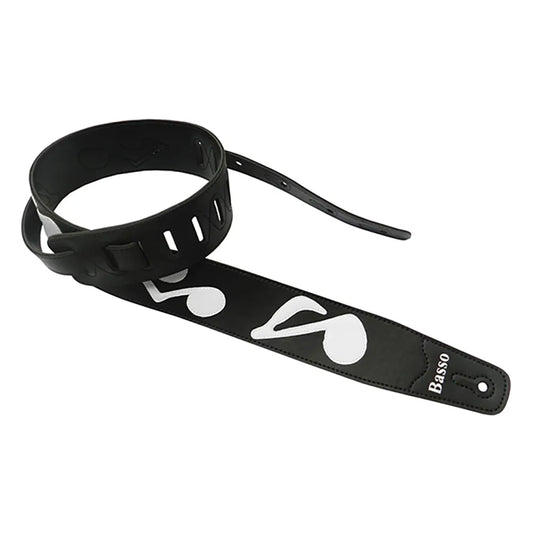Basso Synthetic Guitar Strap with Stitched Musical Notes, Black, 100-150cm Adjustable Length, 6.0cm Width, Prevents Sweat Absorption