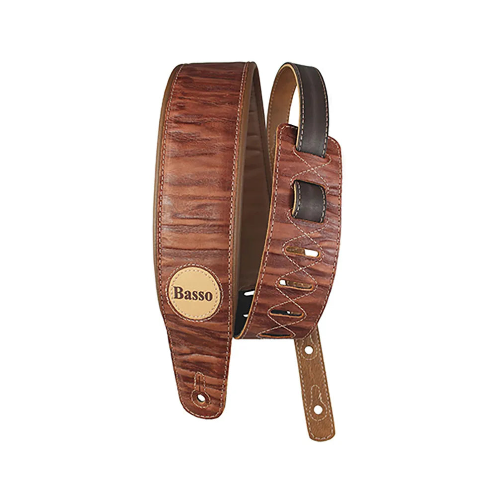 Basso Vintage Embossed Brown Leather Guitar Strap VTSL01 - 7.5cm Wide, Adjustable Length 1.00 to 1.45m, Sweat-Resistant Synthetic Lining