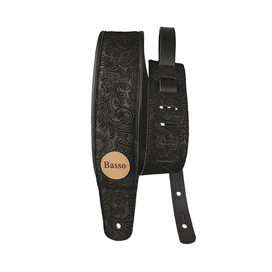 Basso Floral Embossed Black Leather Guitar Strap VTSL52, 7.5cm Width, Adjustable Length 1.00-1.45m, Sweat-Resistant, Foam Padding