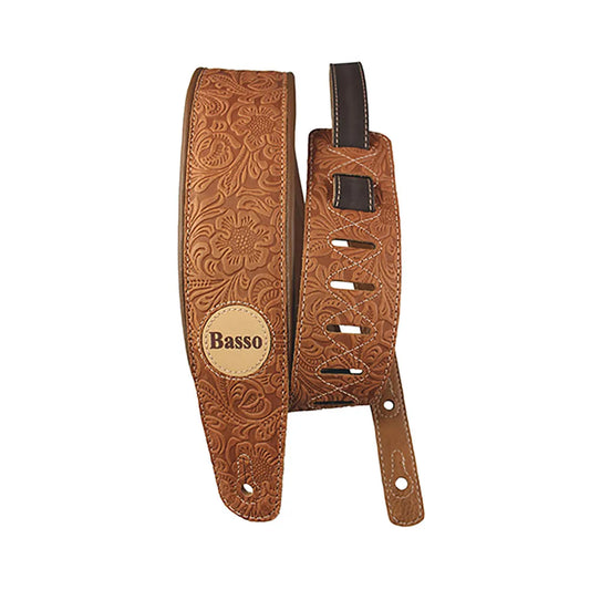 Basso Floral Leather Guitar Strap - Whiskey, VTSL83, 1.00-1.45m Adjustable Length, 7.5cm Width, Sweat-Resistant Lining, Internal Foam Support