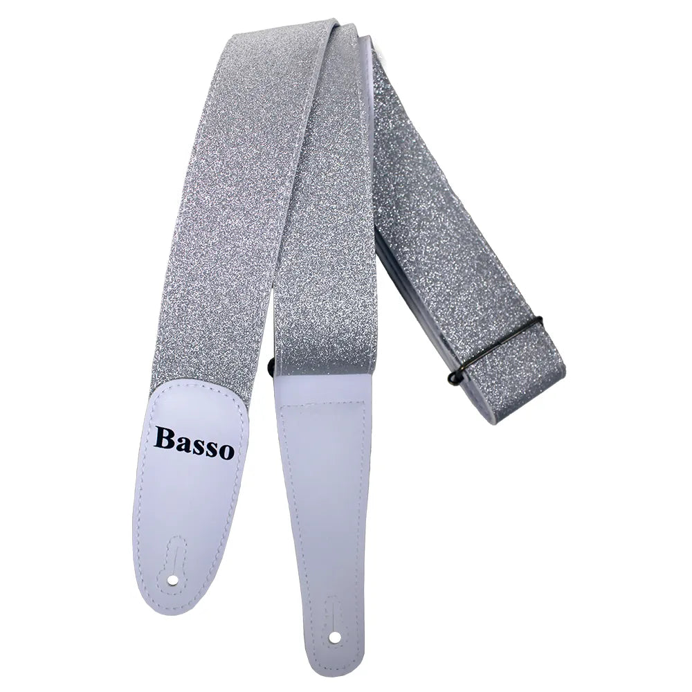 Basso Glitter Stage Series Guitar Strap - Silver Glitter EX46, Adjustable 90-145cm, 5cm Wide, Recyclable Synthetic