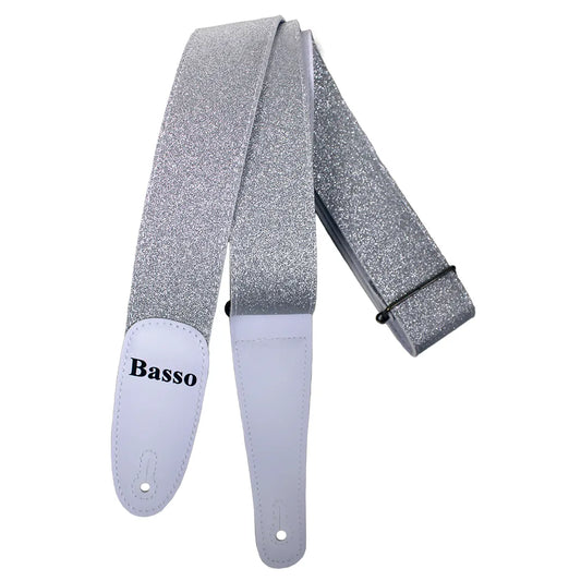 Basso Glitter Stage Series Guitar Strap - Silver Glitter EX46, Adjustable 90-145cm, 5cm Wide, Recyclable Synthetic