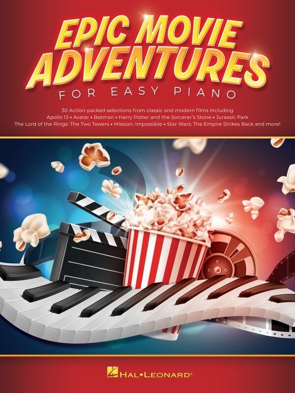 Epic Movie Adventures for Easy Piano by Hal Leonard, 30 film themes, easy piano arrangements, 104 pages.