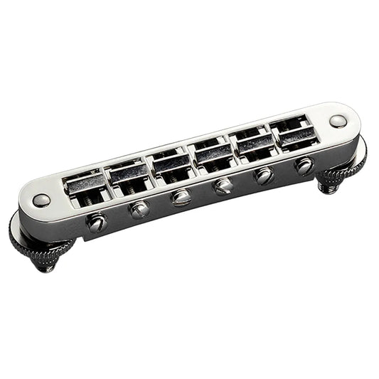 Schaller Nickel GTM Guitar Bridge for Les Paul Type Guitars, Adjustable, 74.0-74.5 mm Spacing, 85x14x12.5 mm, Item #12090100