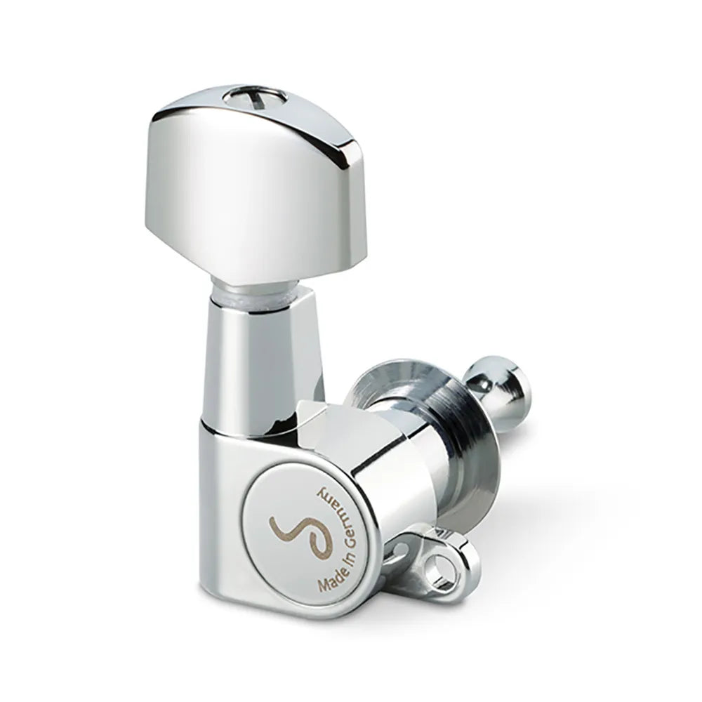Schaller 3/3 M6-Mini Chrome Guitar Machine Heads, 1:14 Gear Ratio, 36g, 9.8mm Bore, Precision-Crafted, Maintenance-Free