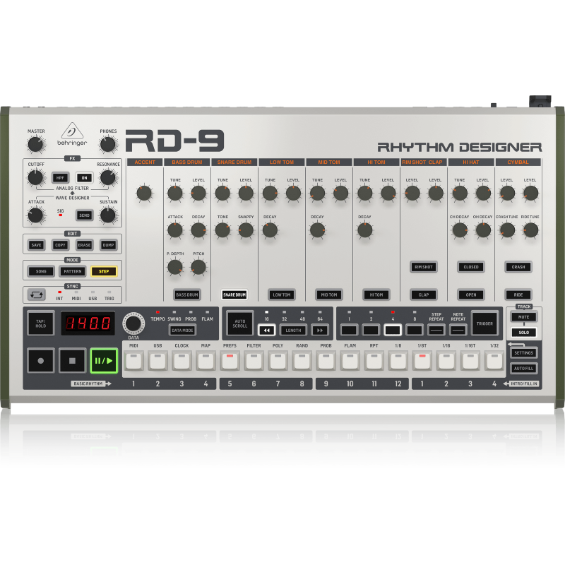 Behringer RD9 Analog Drum Machine with 10 Drum Sounds, 64-Step Sequencer, Wave Designer, Dual-Mode Filter