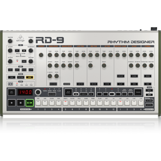 Behringer RD9 Analog Drum Machine with 10 Drum Sounds, 64-Step Sequencer, Wave Designer, Dual-Mode Filter